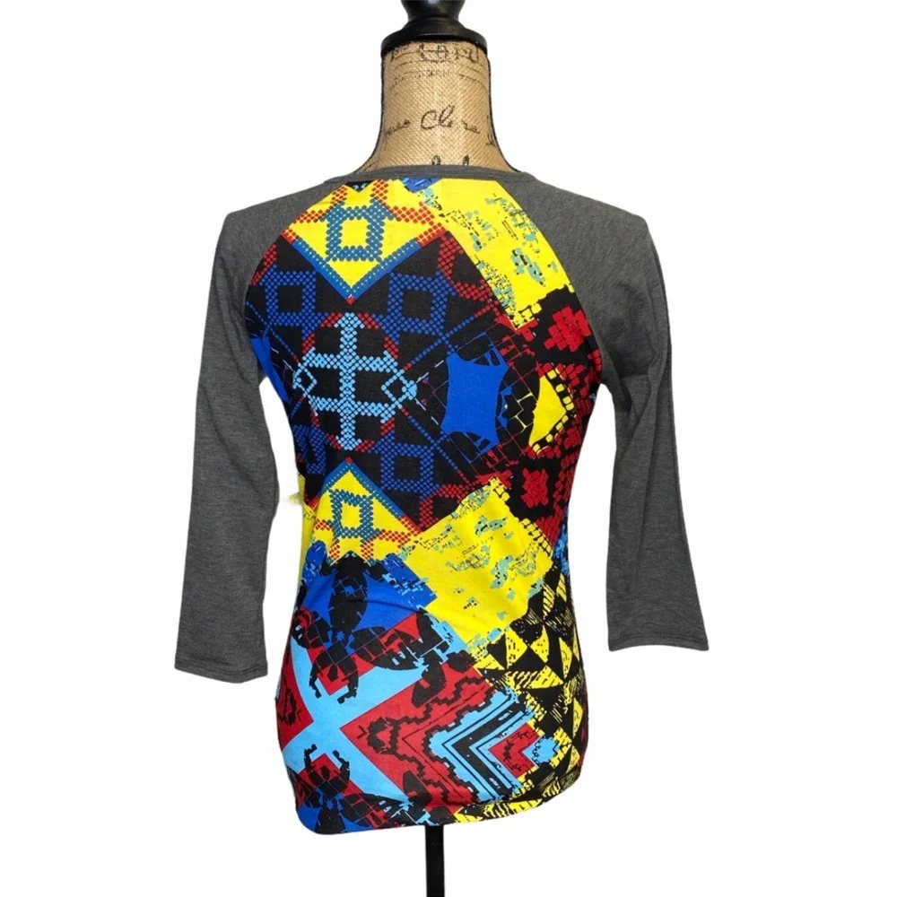 LuLaRoe Randy Baseball Tee XXS Gray Raglan 3/4 Sleeve Geometric Patchwork NWT